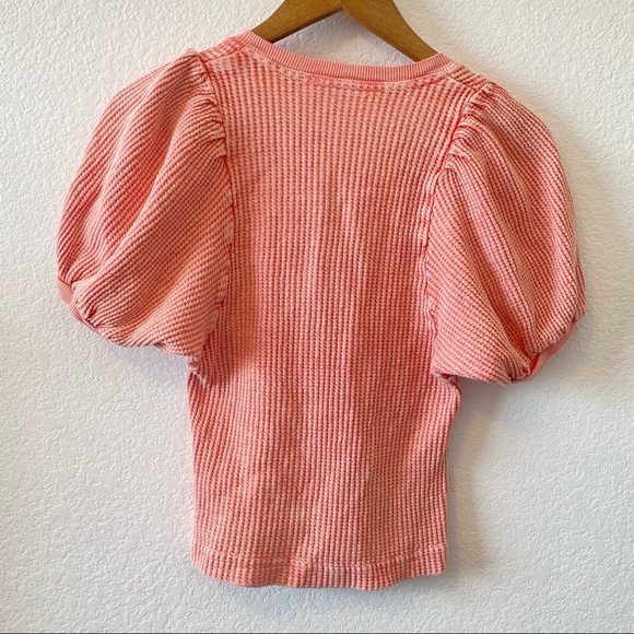 Free People Hayden Waffle Ribbed Puff Sleeve Shirt Lace Up Thermal Pink XS - Picture 6 of 7